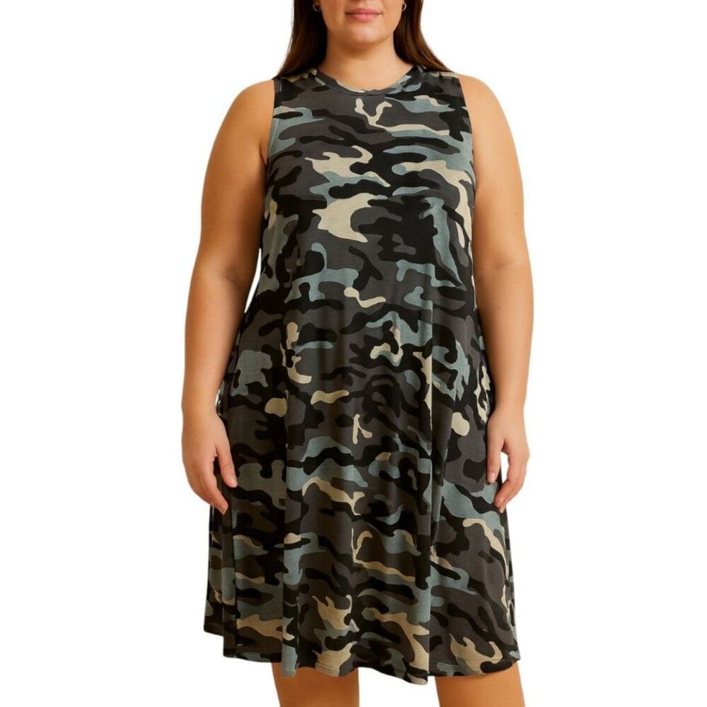 Vibe Sportswear Camo Sleeveless Swing Dress | Size 1X